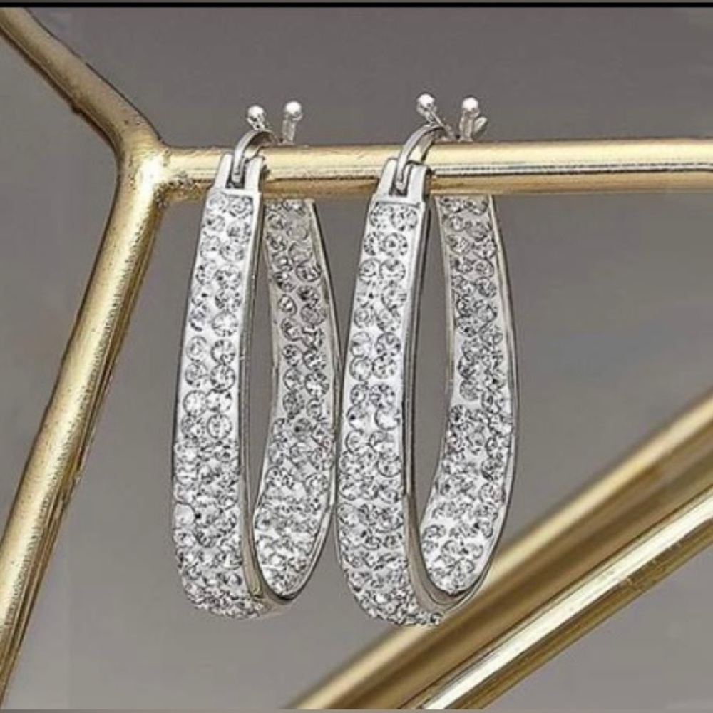 18KT White Gold Plated Hoops w/Swarovski Crystals and 2.0 CT Swarovski Studs Set
